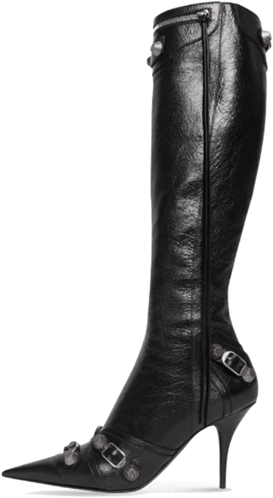 Kluolandi Women's Stiletto High Heel Knee High Boots with  Tassel Pointed Toe Studded Zipper Black Boots for Women Size 4