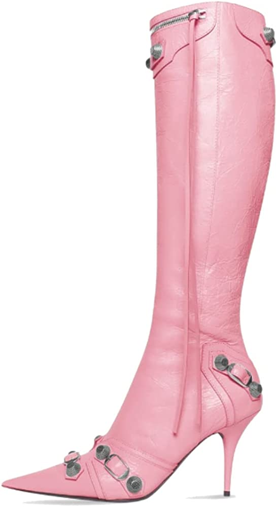 Vertundy Women’s Knee High Boots - Pointed Toe Stiletto Heel Zipper Long Boot Rivet Slim Tassel Dress Boot for Lady Wide Calf Sexy