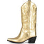 Western Cowboy Boots, Metallic Mid Calf Boots with Embroidered Cowgirl Wide-Calf Combat Boot Pull-on Knee High